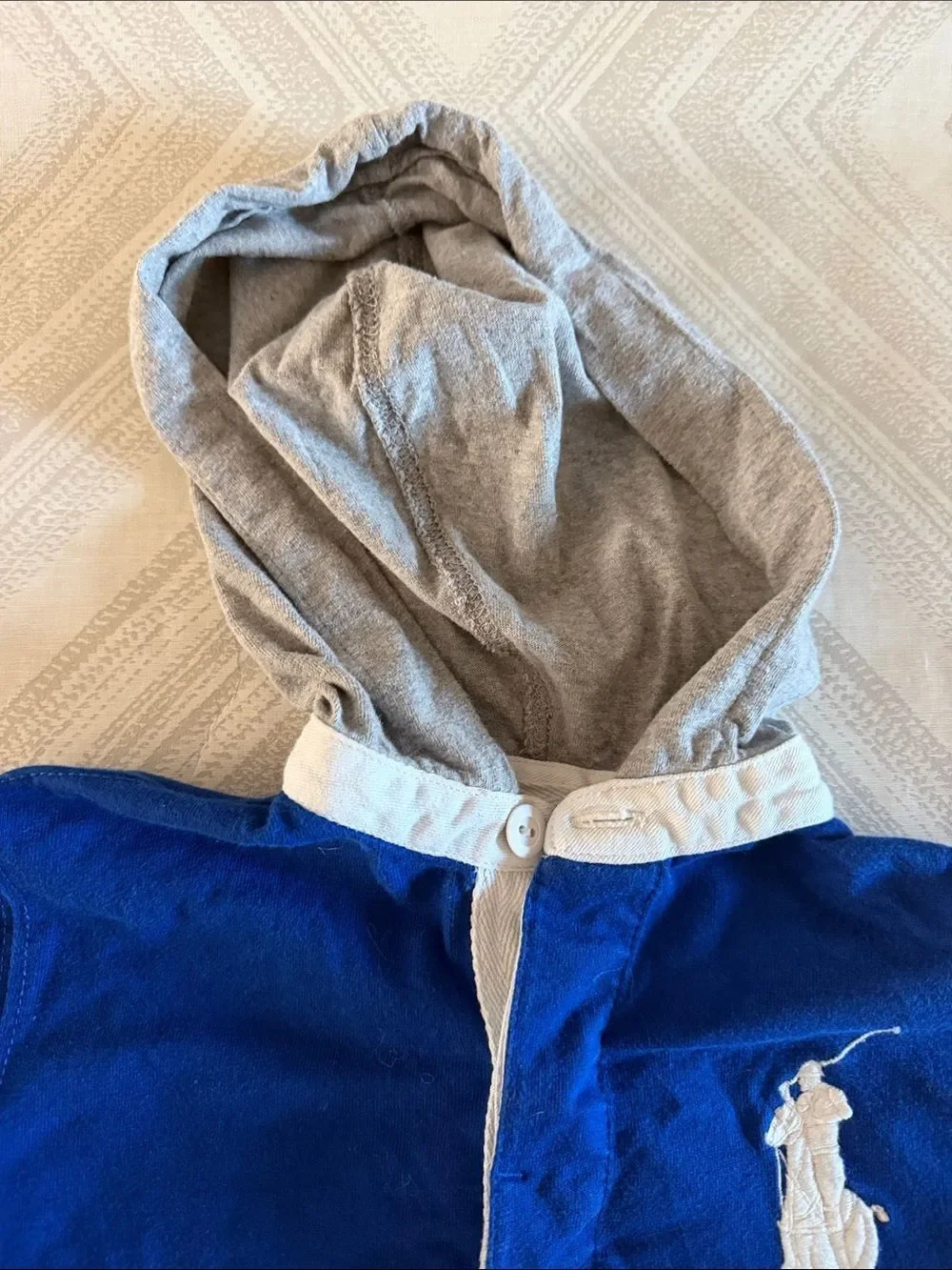 Polo Ralph Lauren Boys Size 6 Rugby Shirt Gray Hood Blue Pony Logo Long Sleeve